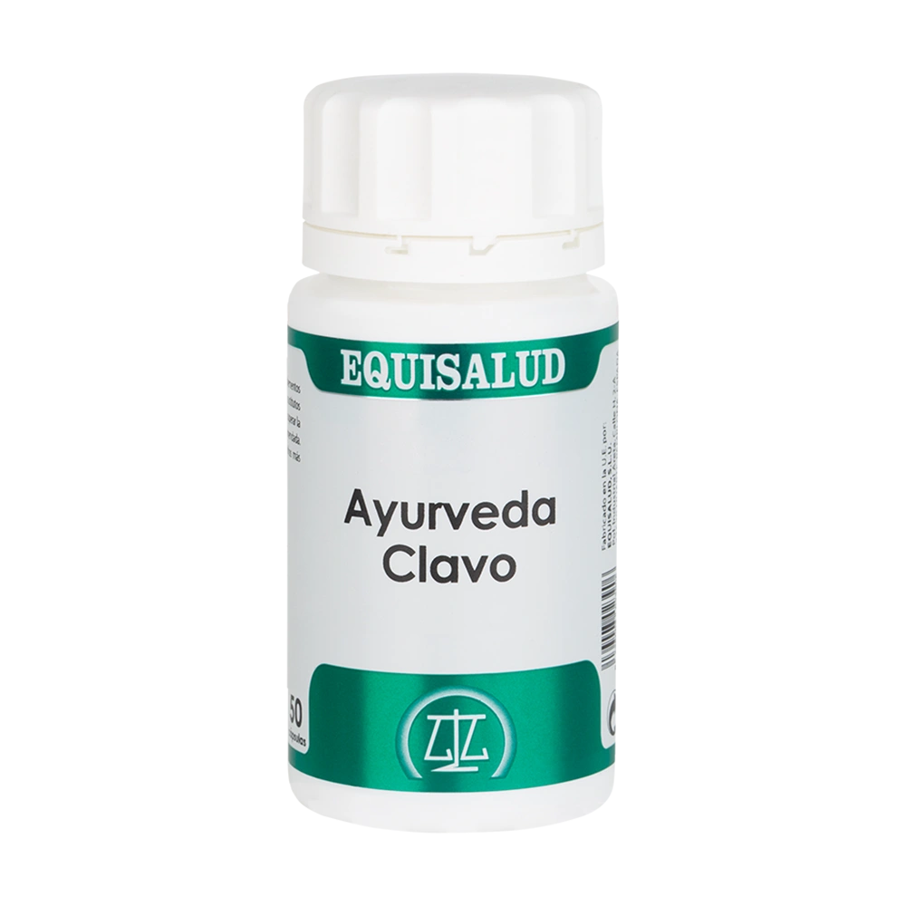 Ayurveda Clavo bote de 50 cápsulas de la línea Ayurveda, producto de Laboratorios Equisalud