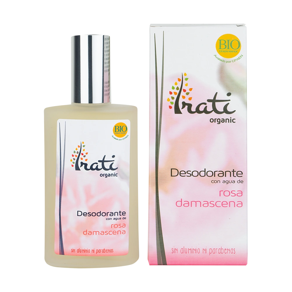 Desodorante de rosa damascena BIO envase de 100 mililitros de la línea Irati Organic, producto de Laboratorios Equisalud