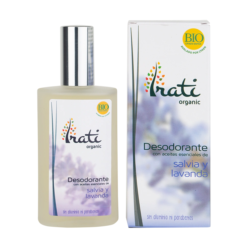 Desodorante de salvia y lavanda BIO envase de 100 mililitros de la línea Irati Organic, producto de Laboratorios Equisalud
