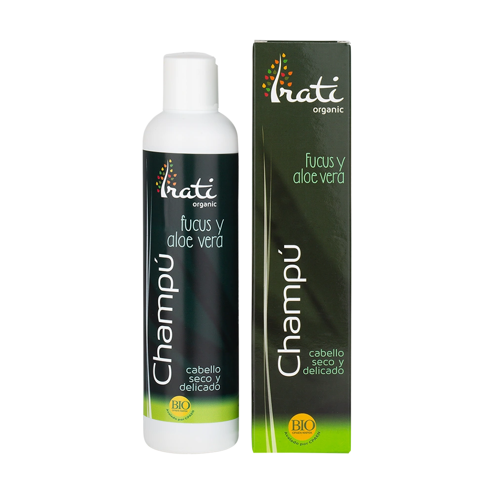 Champú para cabello seco y delicado de Fucus y Aloe vera envase de 250 mililitros de la línea Irati Organic, producto de Laboratorios Equisalud