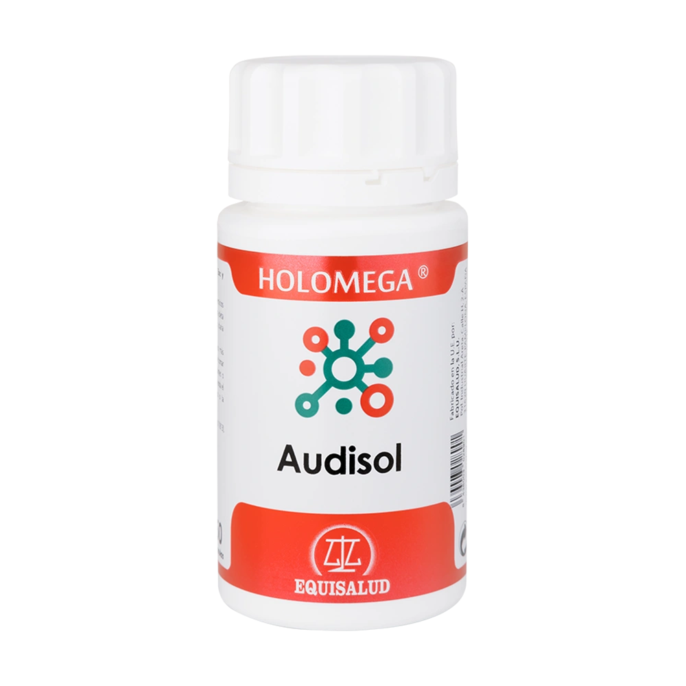 Holomega Audisol bote de 50 cápsulas de la línea Holomega, producto de Laboratorios Equisalud