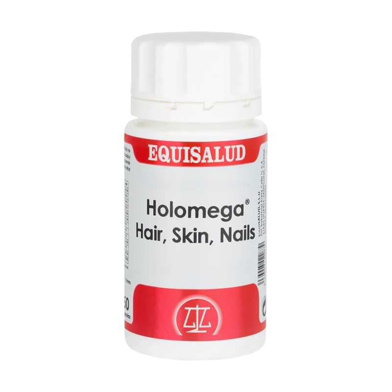 Holomega Hair, Skin, Nails bote de 50 cápsulas de la línea Holomega, producto de Laboratorios Equisalud