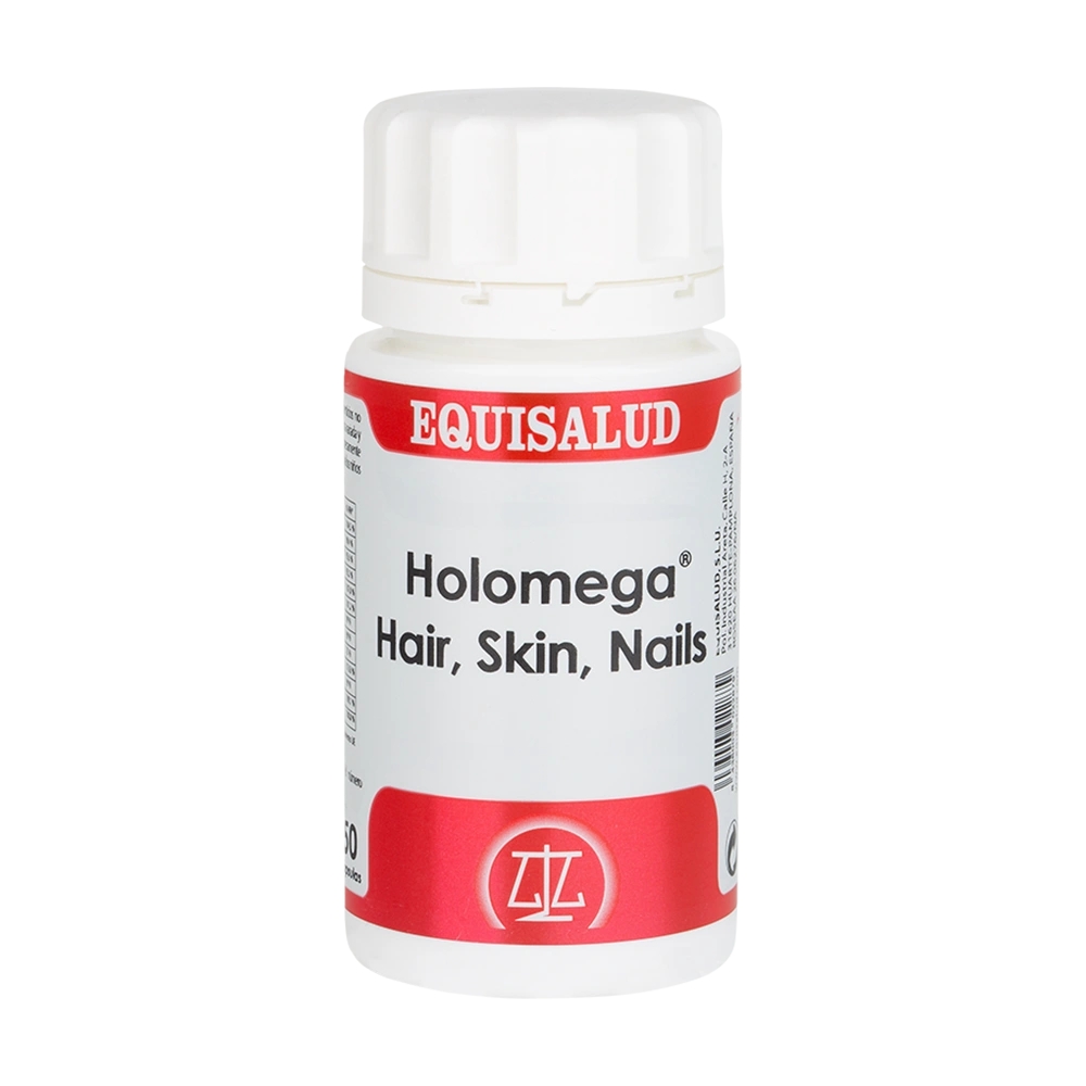 Holomega Hair, Skin, Nails bote de 50 cápsulas de la línea Holomega, producto de Laboratorios Equisalud