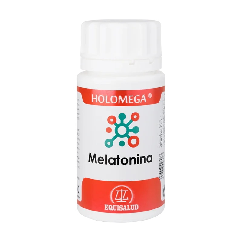 Holomega Melatonina bote de 50 cápsulas de la línea Holomega, producto de Laboratorios Equisalud