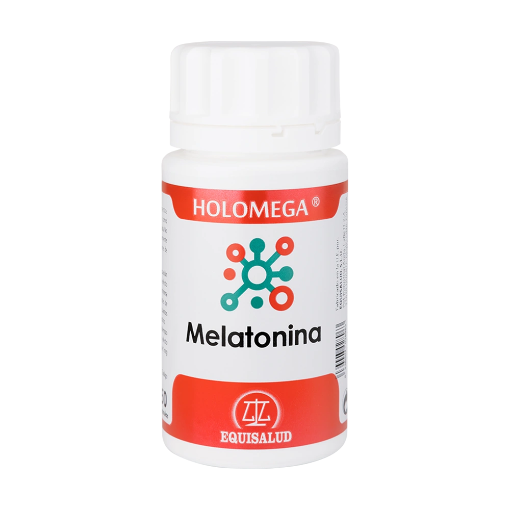 Holomega Melatonina bote de 50 cápsulas de la línea Holomega, producto de Laboratorios Equisalud