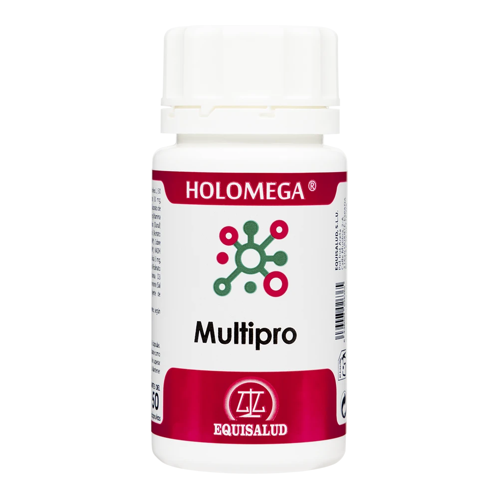Holomega Multipro bote de 50 cápsulas de la línea Holomega, producto de Laboratorios Equisalud