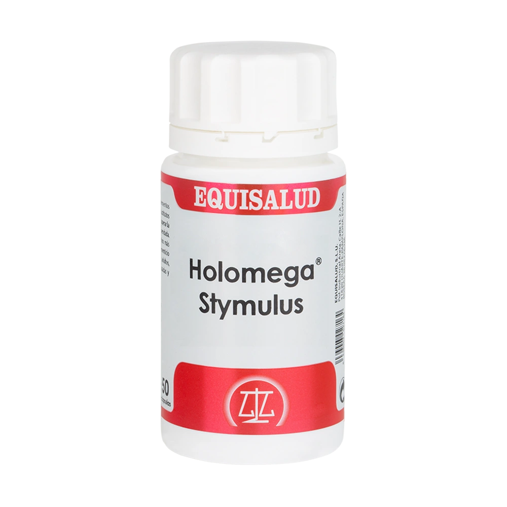 Holomega Stymulus bote de 50 cápsulas de la línea Holomega, producto de Laboratorios Equisalud