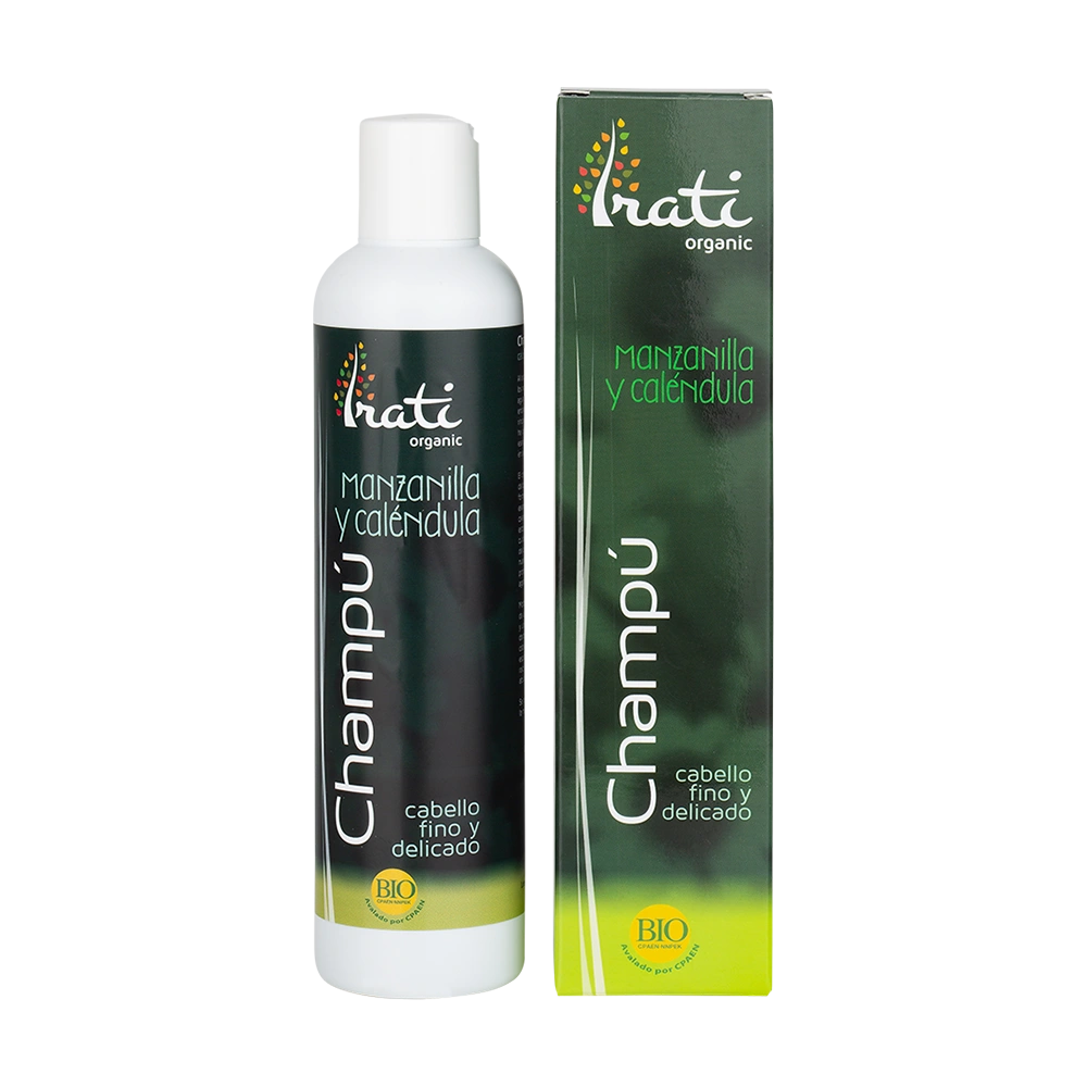 Champu para cabello fino y delicado de Manzanilla y calendulaenvase de 250 mililitros de la línea Irati Organic, producto de Laboratorios Equisalud