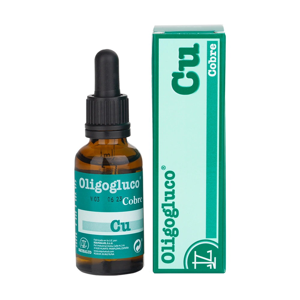 Oligogluco Cobre CU envase de 30 mililitros de la línea Oligogluco, producto de Laboratorios Equisalud