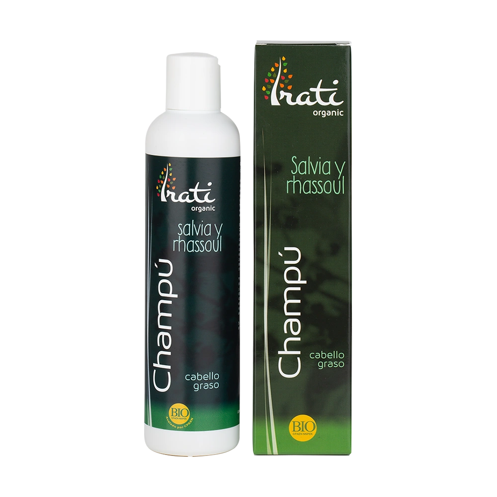 Champú para cabello graso de Salvia y Rhassoul envase de 250 mililitros de la línea Irati Organic, producto de Laboratorios Equisalud