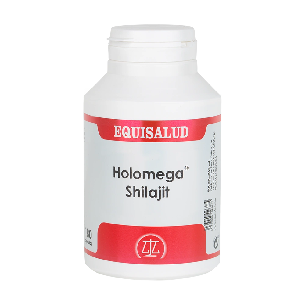 Holomega Shilajit bote de 180 cápsulas de producto de la línea Holomega. Producto de Laboratorios Equisalud