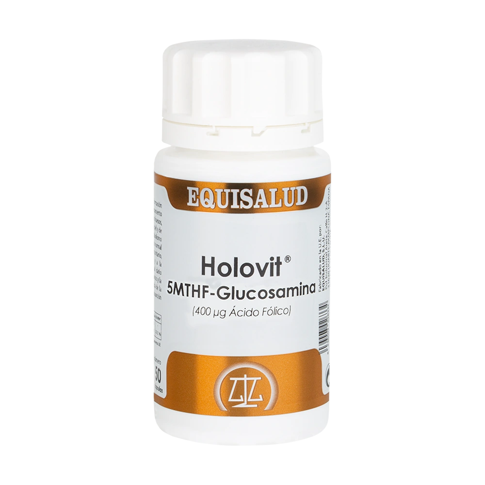 Holovit 5 MTHF-Glucosamina bote de 50 cápsulas de la línea Holovit, producto de Laboratorios Equisalud
