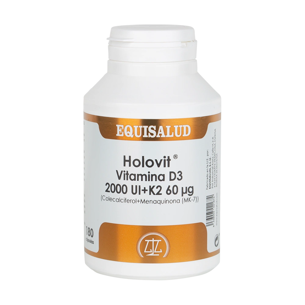 Holovit D3 + K2 bote de 180 cápsulas de la línea Holovit, producto de Laboratorios Equisalud