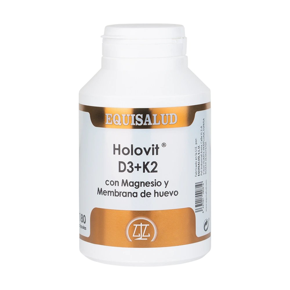 Holovit D3+K2 con Mg y membrana de huevo bote de 180 cápsulas de la línea Holovit, producto de Laboratorios Equisalud