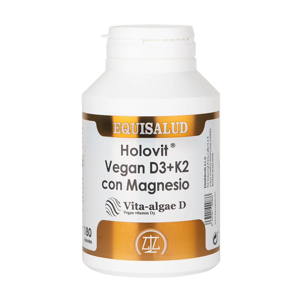 Holovit Vegan D3 + K2 con Magnesio bote de 180 cápsulas de la línea Holovit, producto de Laboratorios Equisalud