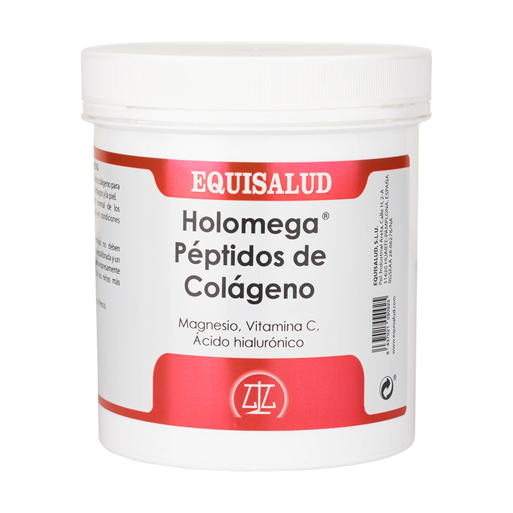 Holomega Péptidos de Colágeno bote de 210 gramos de producto en polvo de la línea Holomega. Producto de Laboratorios Equisalud