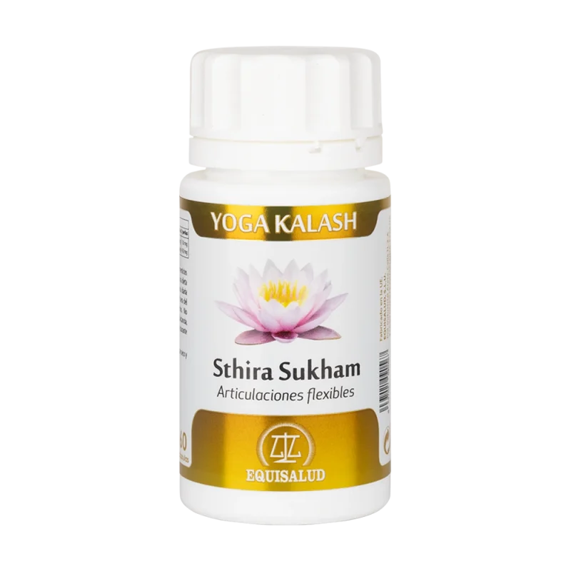 Sthira Sukham bote de 60 cápsulas de la línea Yoga Kalash, producto de Laboratorios Equisalud