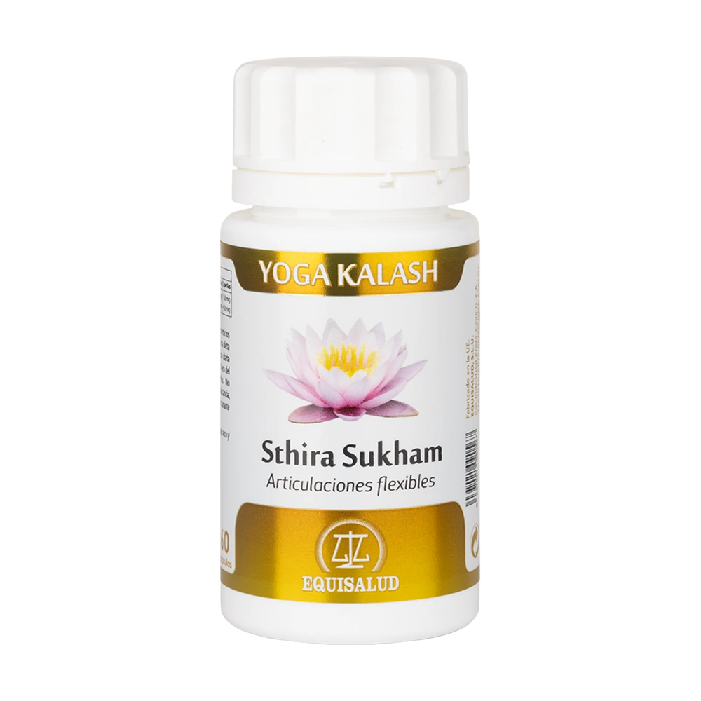 Sthira Sukham bote de 60 cápsulas de la línea Yoga Kalash, producto de Laboratorios Equisalud