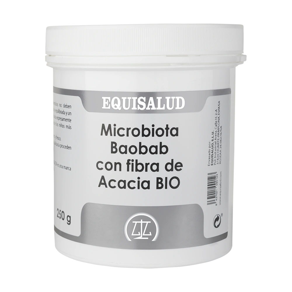 Microbiota Baobab con fibra de acacia envase de 250 gramos de la línea Microbiota, producto de Laboratorios Equisalud