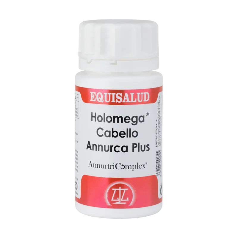 Holomega Cabello Annurca Plus bote de 50 cápsulas de la línea Holomega, producto de Laboratorios Equisalud