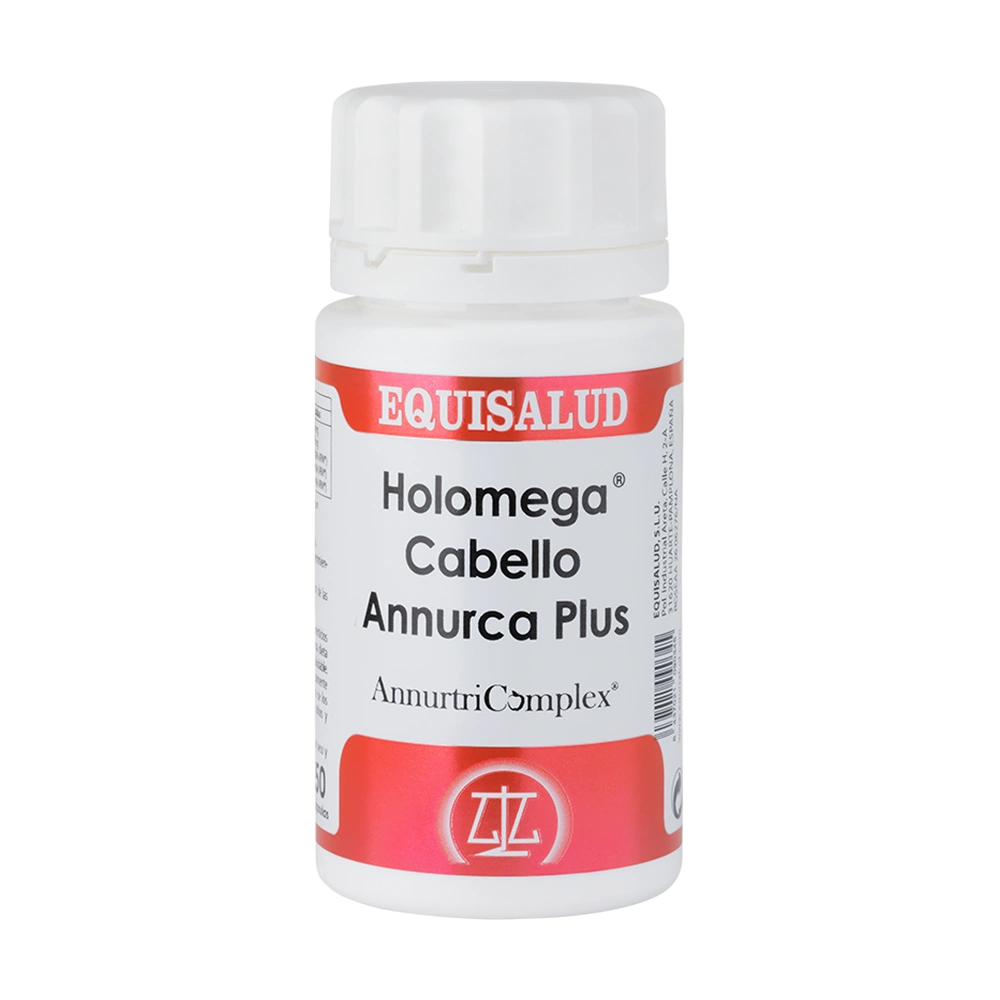 Holomega Cabello Annurca Plus bote de 50 cápsulas de la línea Holomega, producto de Laboratorios Equisalud