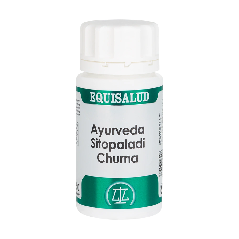 Ayurveda Sitopaladi Churna bote de 50 cápsulas de la línea Ayurveda, producto de Laboratorios Equisalud