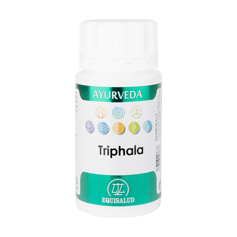 Ayurveda Triphala bote de 50 cápsulas de la línea Ayurveda, producto de Laboratorios Equisalud