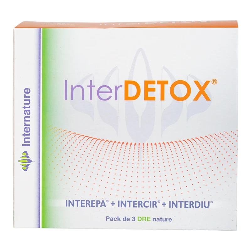 Interdetox caja que contiene Interepa, Intercir yInterdiu de 31 mililitros cada uno de la línea Drenature, producto de Laboratorios Equisalud