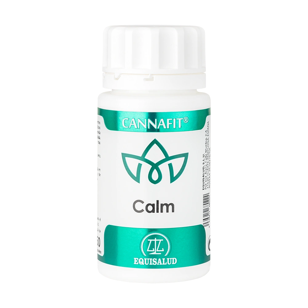 Cannafit Calm bote de 50 cápsulas de producto de la línea Cannafit. Producto de Laboratorios Equisalud.