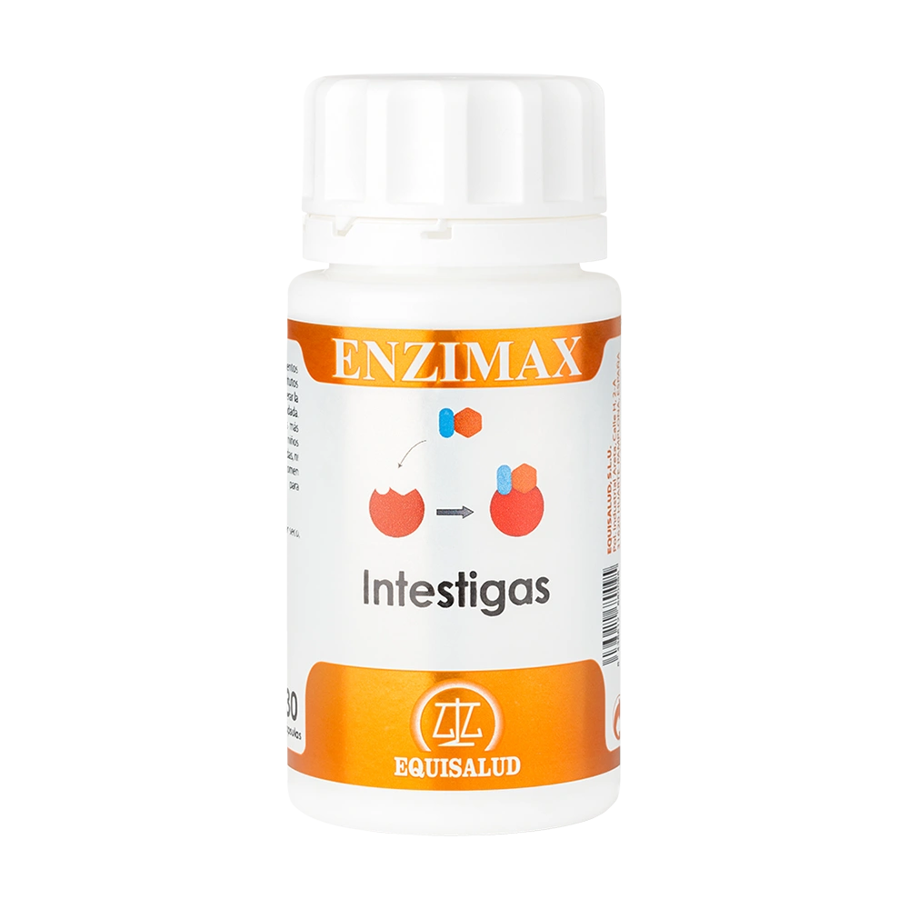 Enzimax Intestigas bote de 30 cápsulas de la línea Enzimax, producto de Laboratorios Equisalud