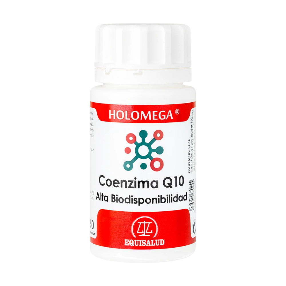 Holomega CoQ10 alta biodisponibilidad bote de 50 cápsulas de producto de la línea Holomega. Producto de Laboratorios Equisalud.