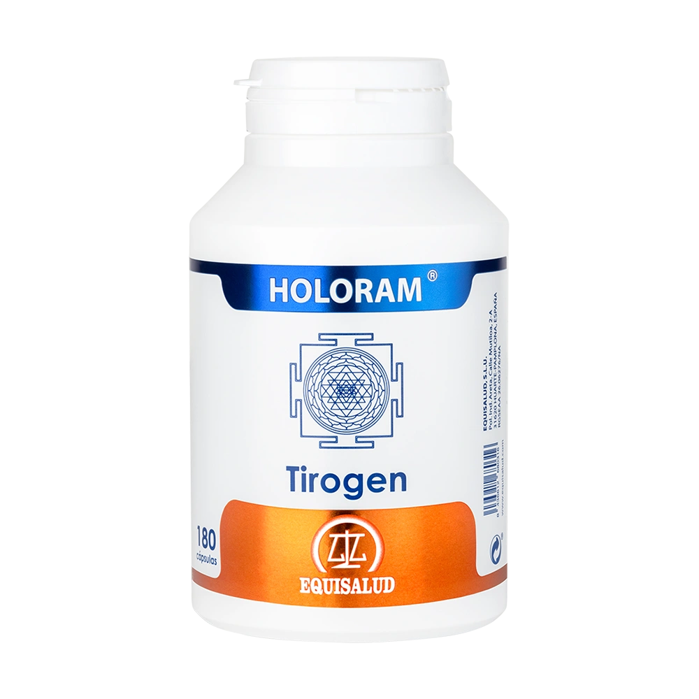 Holoram Tirogen bote de 180 cápsulas de producto de la línea Holoram. Producto de Laboratorios Equisalud.