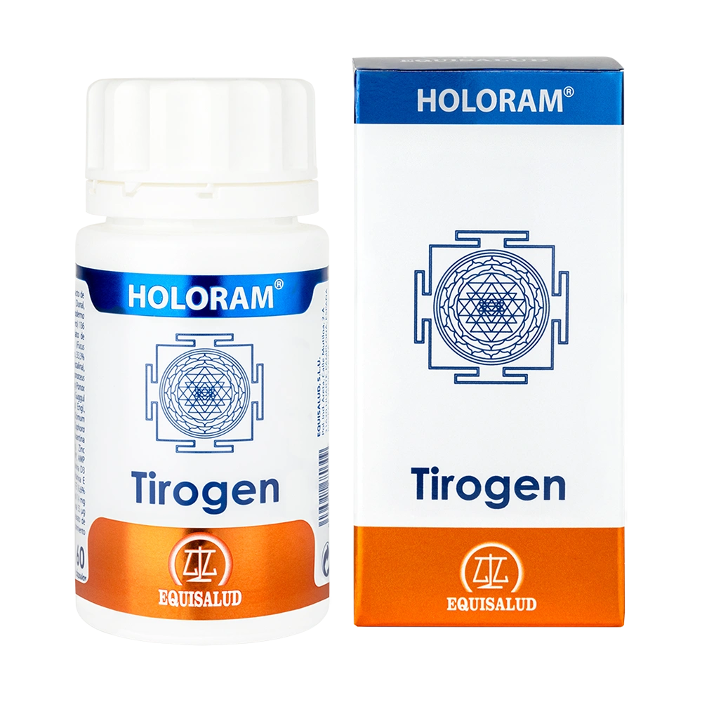 Holoram Tirogen bote de 50 cápsulas de producto de la línea Holoram. Producto de Laboratorios Equisalud.