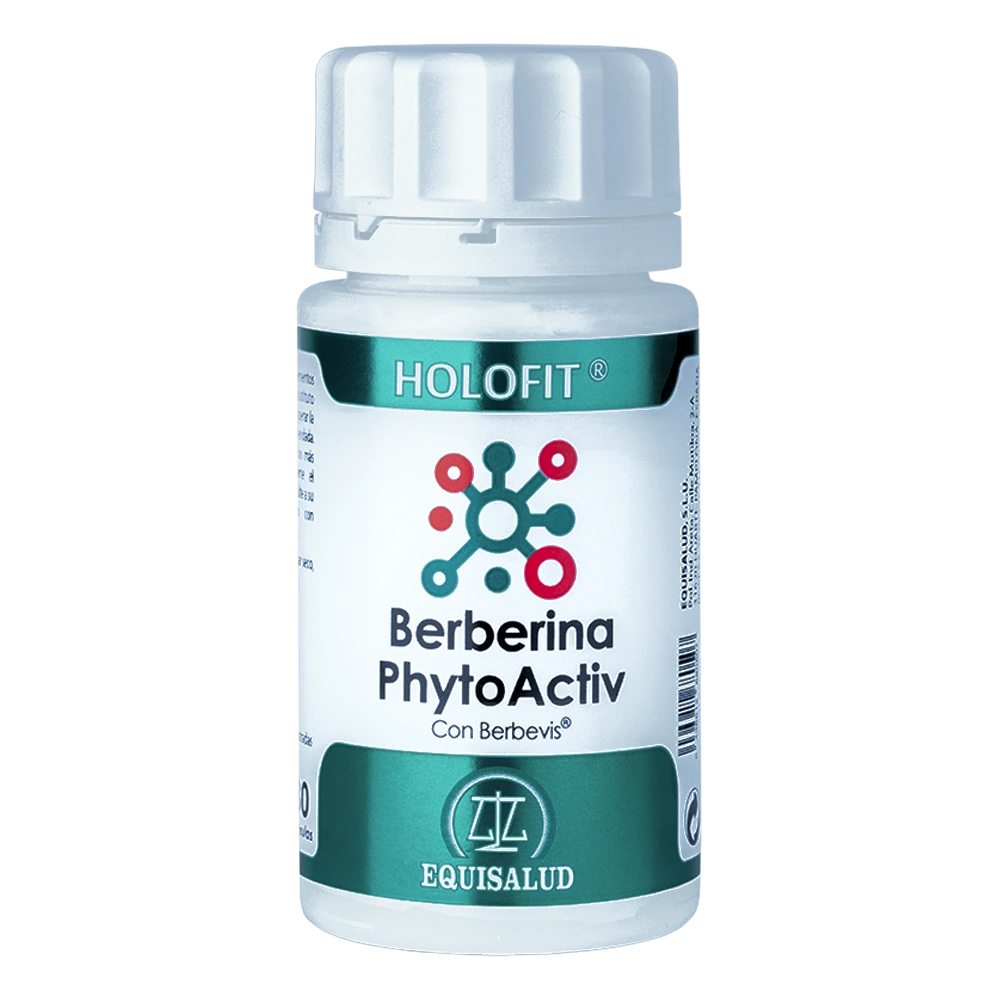 Holofit Berberina PhytoActiv bote de 50 cápsulas de producto de la línea Holofit. Producto de Laboratorios Equisalud. Imagen con luces mejoradas.