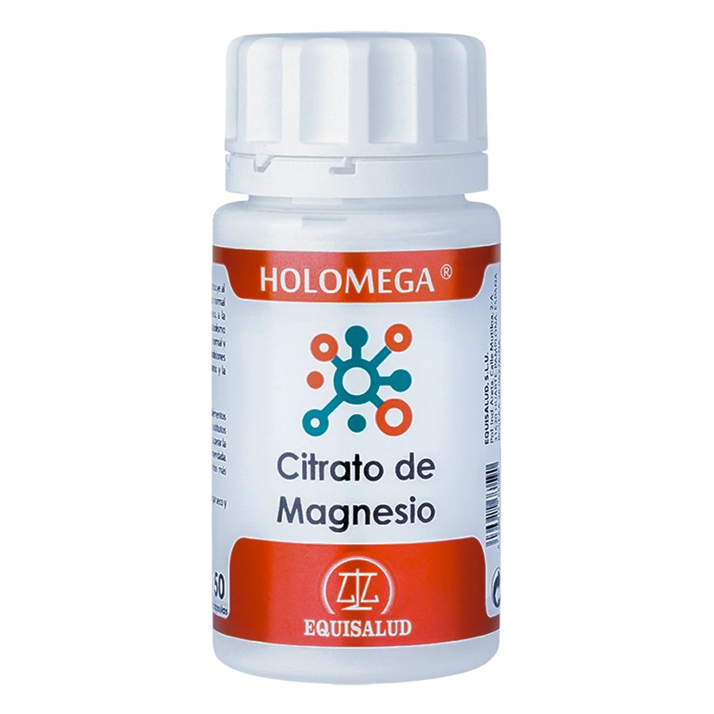 Holomega Citrato de Magnesio bote de 50 cápsulas de producto de la línea Holomega. Producto de Laboratorios Equisalud.