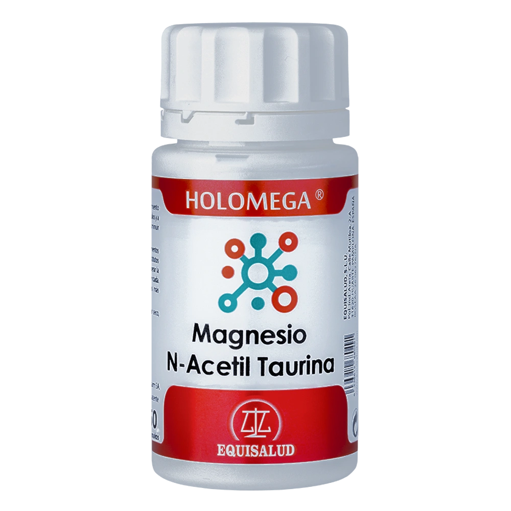 Holomega Magnesio N acetil Taurina bote de 50 cápsulas de producto de la línea Holomega. Producto de Laboratorios Equisalud.