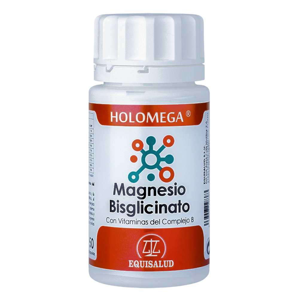 Holomega Magnesio bisglicinato bote de 50 cápsulas de producto de la línea Holomega. Producto de Laboratorios Equisalud.