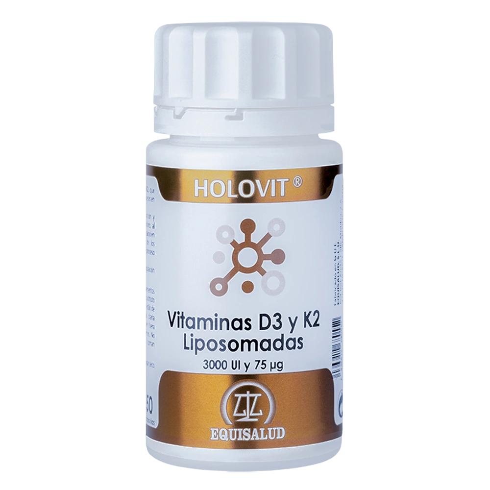 Holovit Vitaminas D3 y K2 Liposomadas bote de 50 cápsulas de producto de la línea Holovit. Producto de Laboratorios Equisalud.