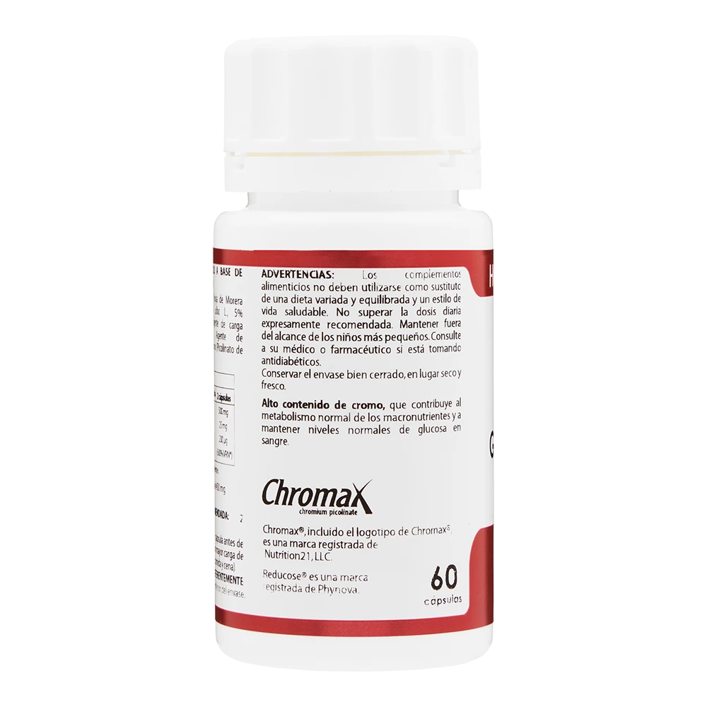 Advertencias de Holomega Glucostop, bote de 60 cápsulas de la línea HoloMega, producto de Laboratorios Equisalud